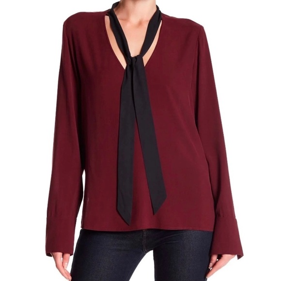 Go by Go Silk Bow Out Neck Tie Washable Silk Blouse Cabernet Black - Picture 4 of 7